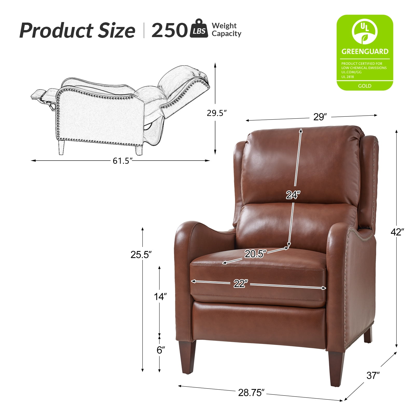 Genuine Leather Recliner Chair Push Back Upholstered Armchair Wingback Lounge Sofa Wood Leg Home Decor Living Room Bedroom Brown