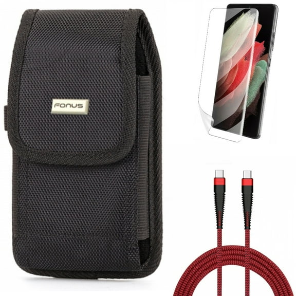 Matte Screen Protector w Case Belt Clip w 10ft PD Cable for Samsung Galaxy S21 Plus - TPU Film Anti-Glare, Swivel Holster, Type-C to USB-C Charger Cord Accessory Bundle