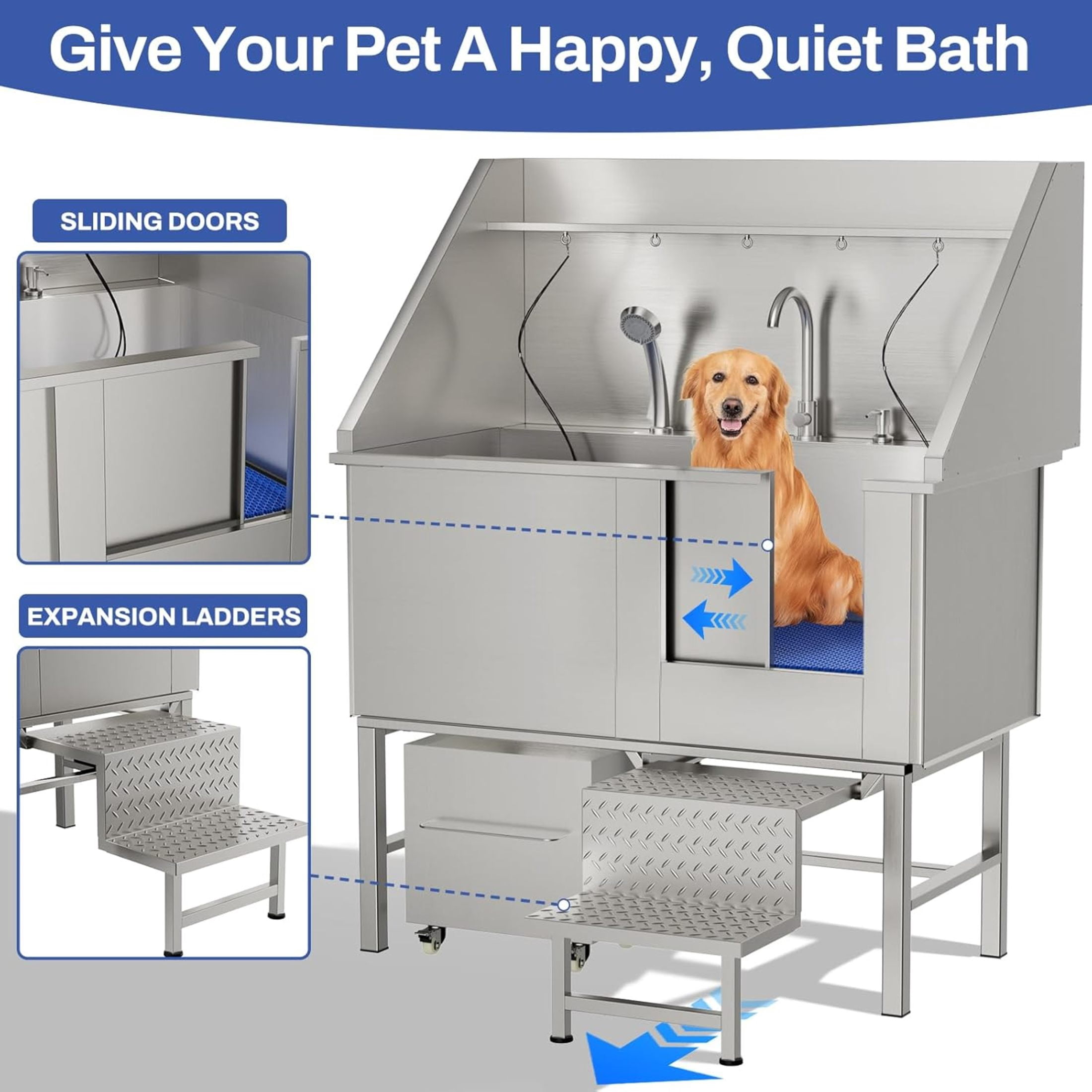 Noble House 50" Stainless Steel Dog Washing Station, Pet Grooming Tub with Ramp, Shower Head & Storage Rack, Silver