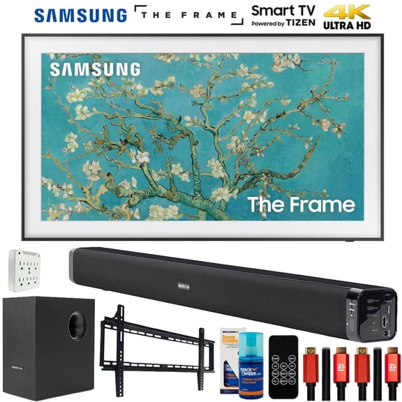 Samsung QN32LS03CB 32 inch The Frame QLED HDR 4K Smart TV Bundle with Deco Gear Home Theater Soundbar with Subwoofer, Wall Mount Accessory Kit, 6FT 4K HDMI 2.0 Cables and More (2023 Model)