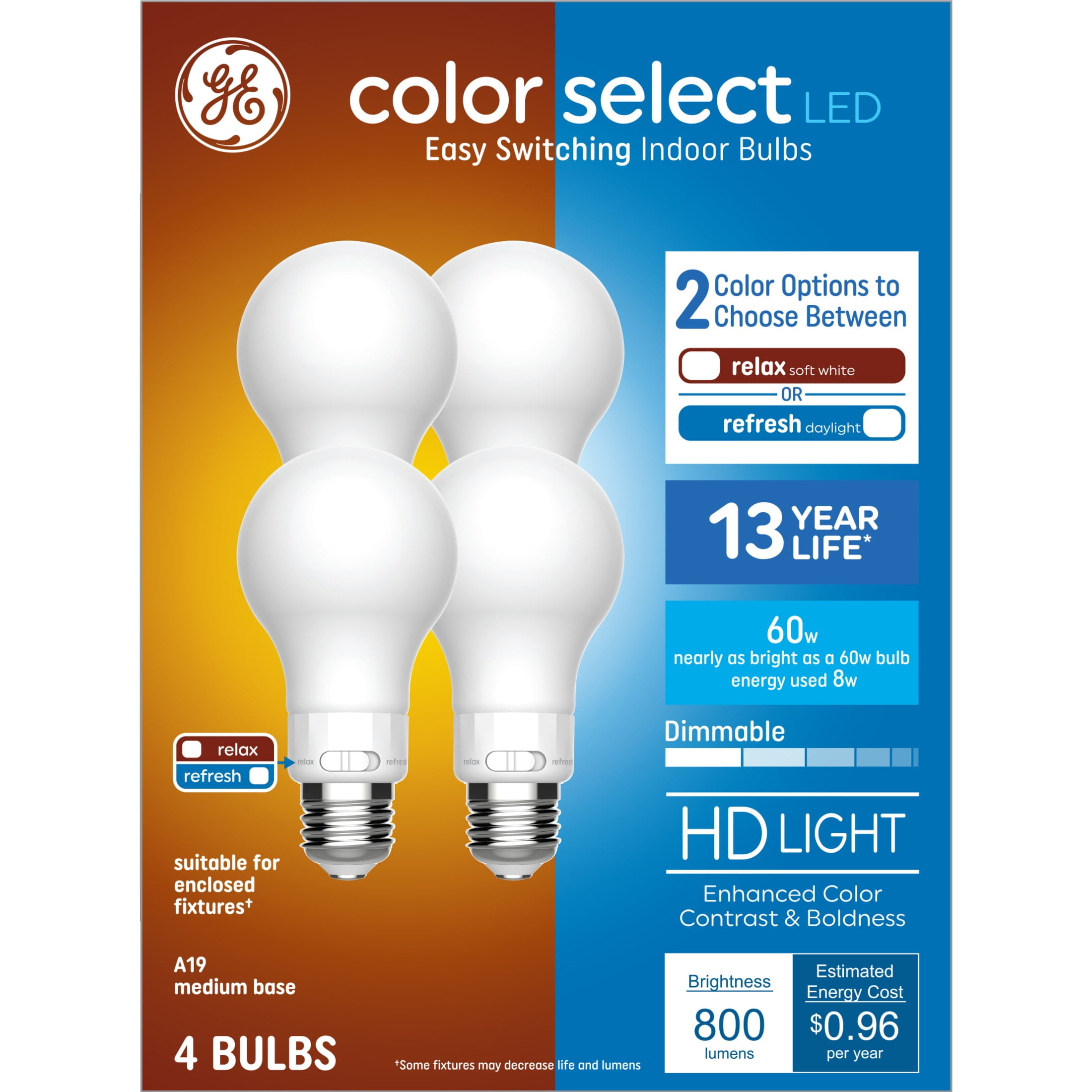 (2 pack) GE Color Select LED Light Buls, 60 Watt, A19 Bulbs, Medium Base, 4pk