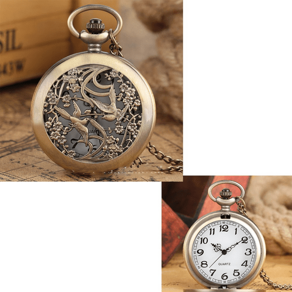 skeletonized magpie presenting a lucky bronze pocket watch. Pocket Watch Lucky Dragon & Phoenix Vintage Mechanical Steampunk Skeleton Roman Numerals