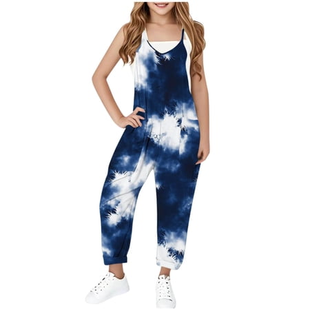 Tdoqot Girls Tie Dye Jumpsuit with Pockets- Wide Leg Cute Halter Casual Kids Overalls Navy Size 12