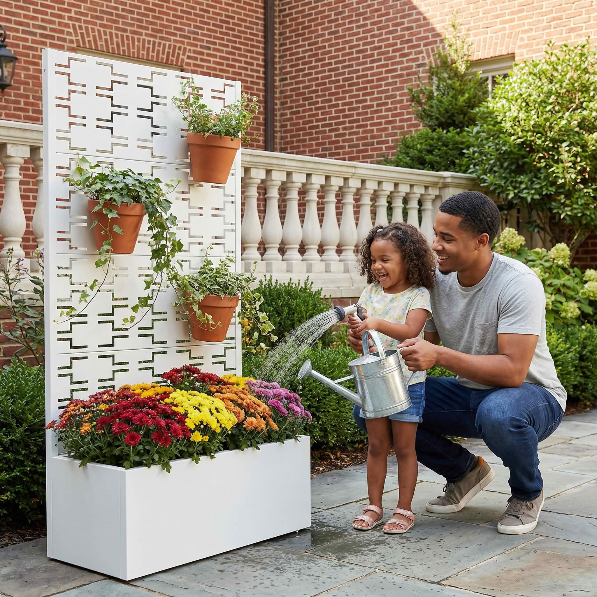 MAYEERTY 59X30" Metal Outdoor White Privacy Screen with Planter Box for Backyard & Garden, 4 Piece Set