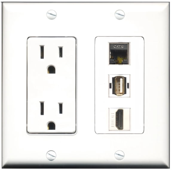 Ultra Spec Cables 15 Amp Power Outlet 1 Port HDMI 1 Port USB A-A 1 Port Shielded Cat6 Wall Plate