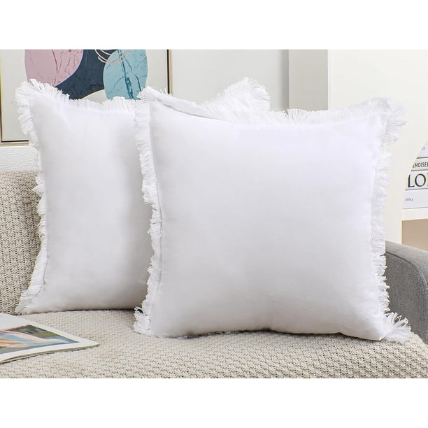 Juego de 2 fundas de cojín decorativas de lino natural con flecos, funda de almohada decorativa blanca neutra con borla elegante de arpillera boho, fundas de cojín para sofá, casa