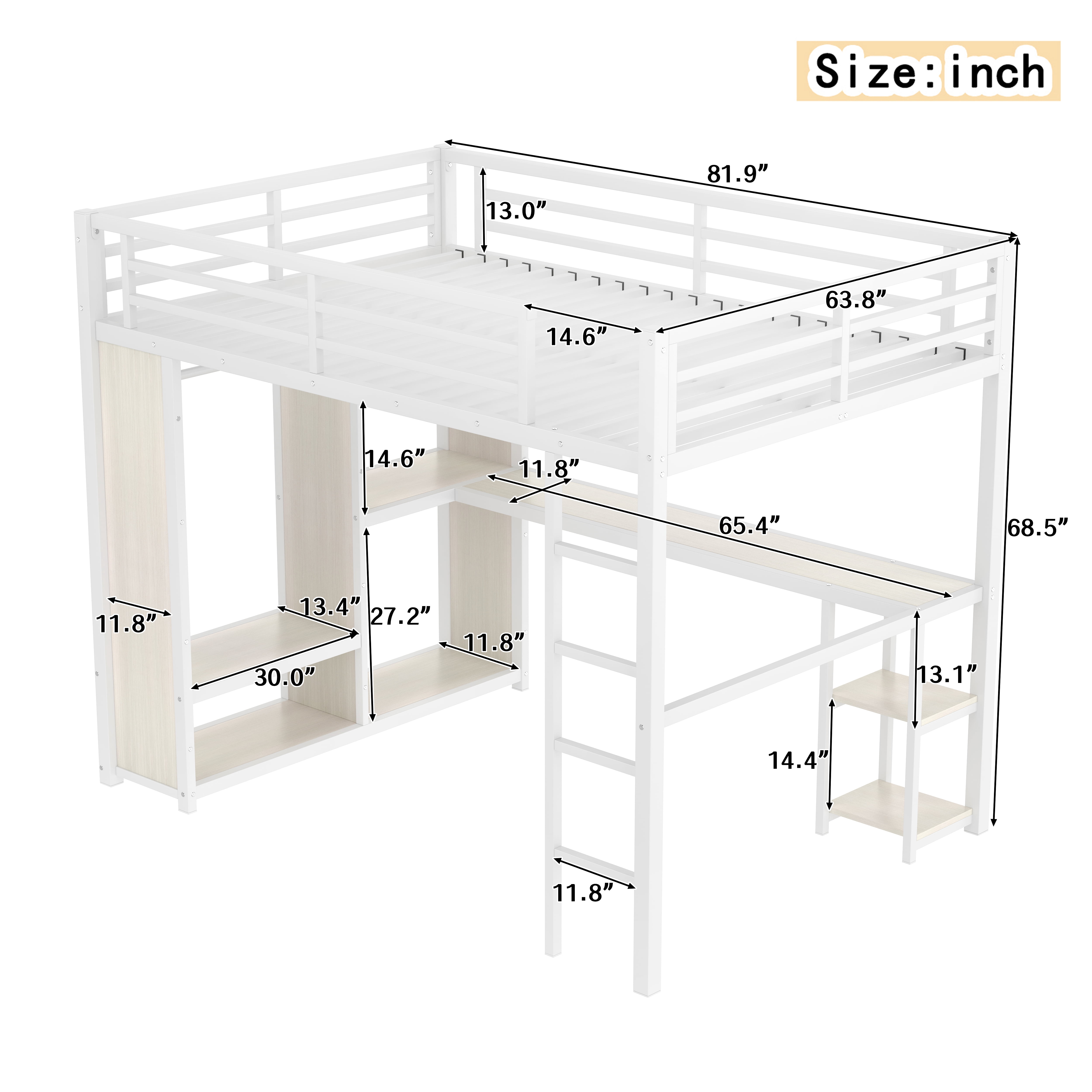 Leumius Queen Size Metal Loft Bed with Built-in Wardrobe,Heavy Duty Loft Bed Frame with Desk and Storage Shelves,Space-Saving,White