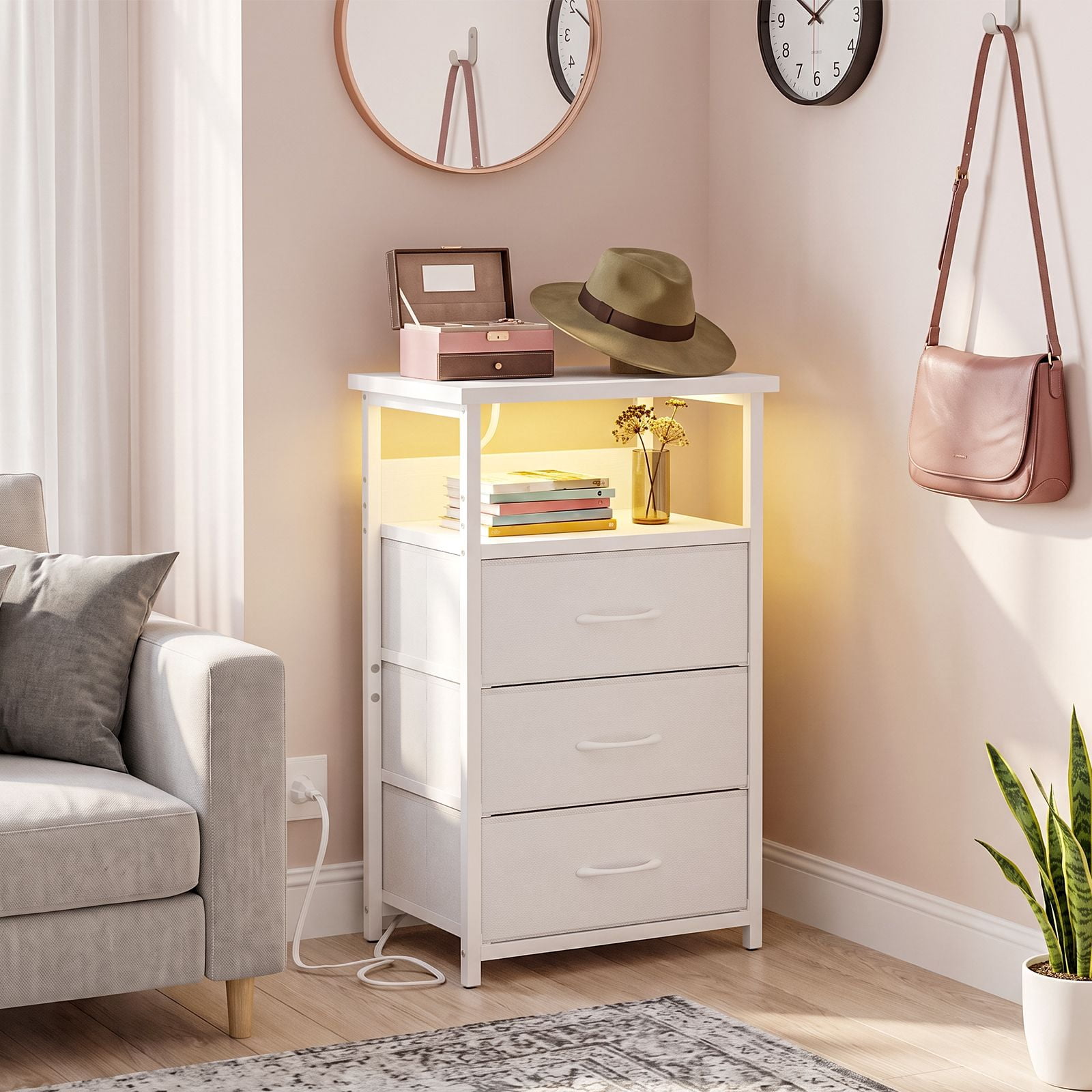 3-Drawer Nightstand with Charging Station, Open Shelf and RGB Light Strip, Fabric Drawer Dresser, Steel and Engineered Wood Frame, Bedroom and Living Room