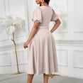 thumbnail image 2 of AURA Womens High Waist A Line Midi Dress Puff Sleeve Round Neck Solid Color Belted Elegant Summer Dress with Zipper, 2 of 10