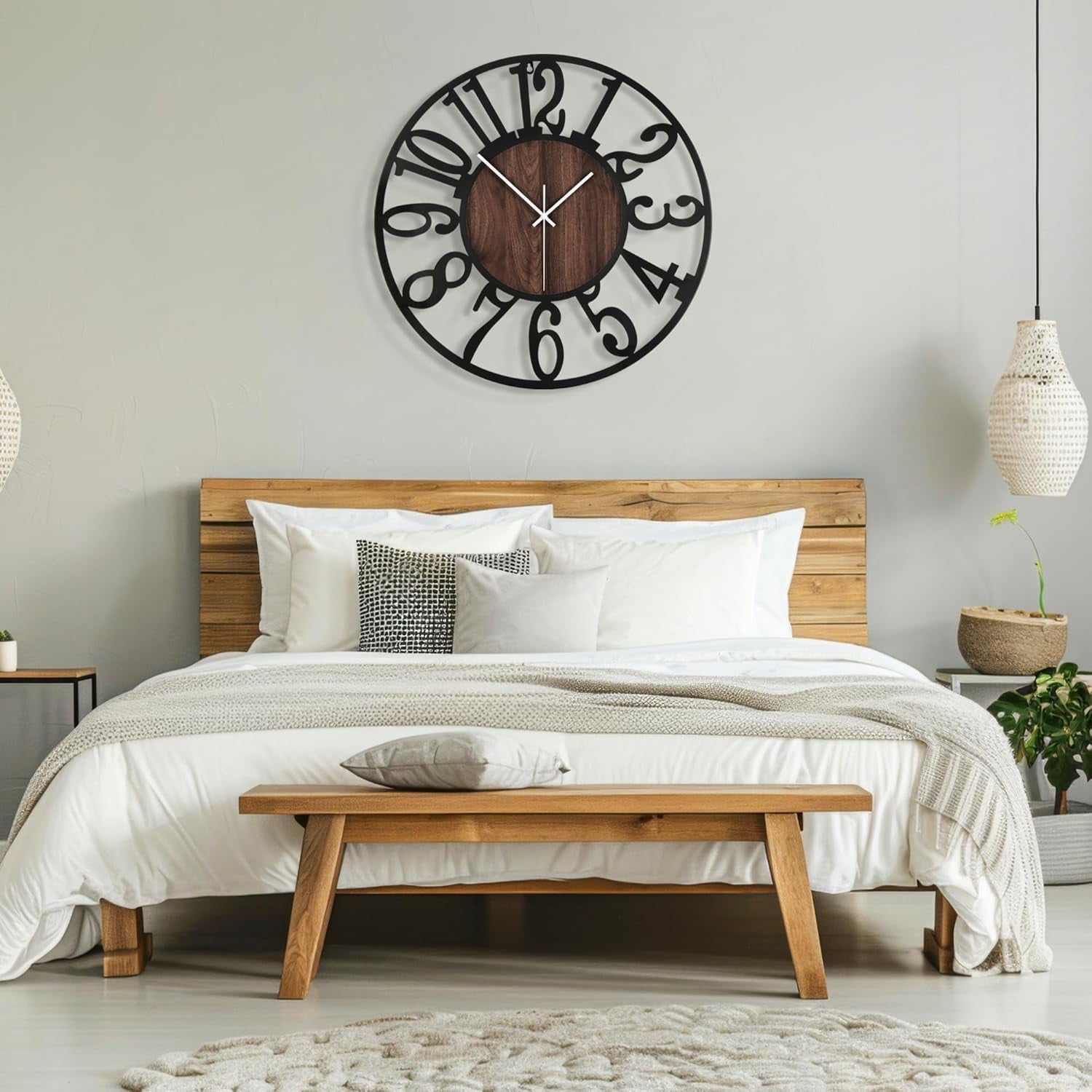 Large Round Wall Clock for Living Room Decor Battery Operated Non Ticking Black Metal Wood Clocks for Home Living Room Garden Farmhouse Office Kitchen Decoration -24 inch