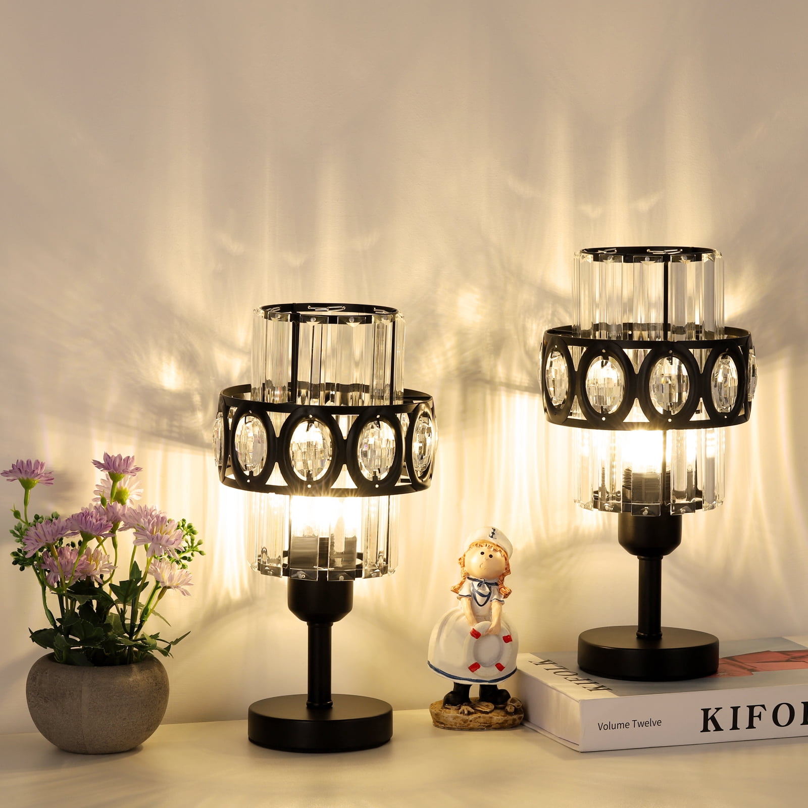 Modern Oval Crystal Lamp Bedside Lamp Black Set of 2