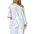 thumbnail image 2 of White Womens Blouses Women's Casual Solid Color Long Sleeve Cotton and Linen Top Draped Neck 3/4 Sleeve Comfortable Casual Linen Pocket Shirts Ladies Tops and Blouses, 2 of 6