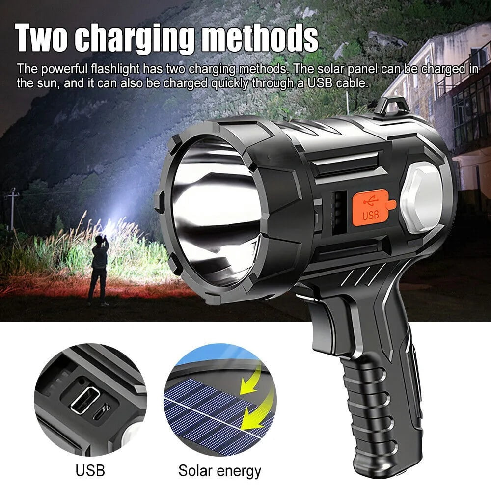 2PCS Super Bright Solar/USB Rechargeable LED Spotlight Flashlight Searchlight, Durable, Waterproof, Multi-Purpose