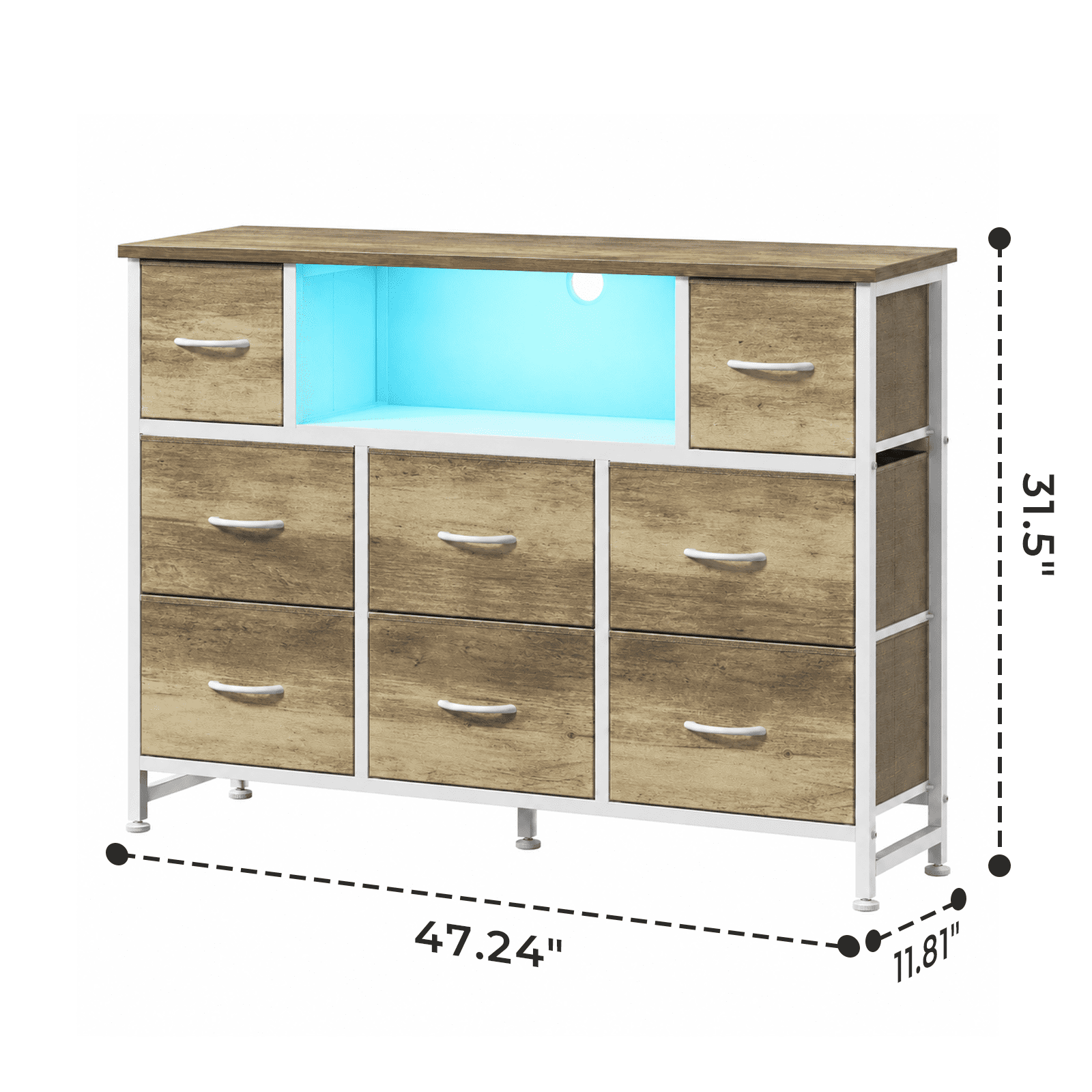 Alvantor Dresser TV Stand for 45, 50, 55 inch TV, Entertainment Center with LED Lights & Charging Station, Chest of Drawers with 8 Fabric Drawers and Open Shelves for Living Room, Hallway, Wood Top
