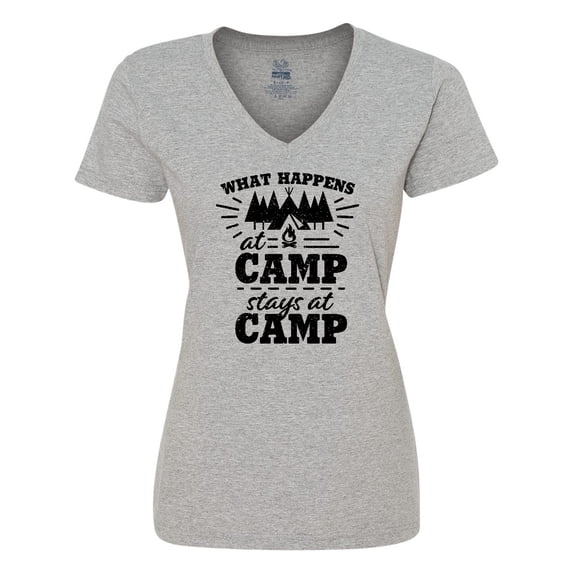 Inktastic What Happens at Camp Stays at Camp with Tent and Woods Women's V-Neck T-Shirt