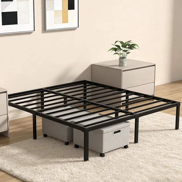 Cama Doble de Metal con Plataforma Sencilla – Base Resistente con Espacio de Almacenamiento Debajo, Estructura Duradera y Fácil de Montar, Negro (Tamaño Doble)