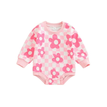 

Inevnen Baby Girl s Snap Closure Jumpsuit Round Neck Long Sleeve Flower Checkerboard Bodysuit
