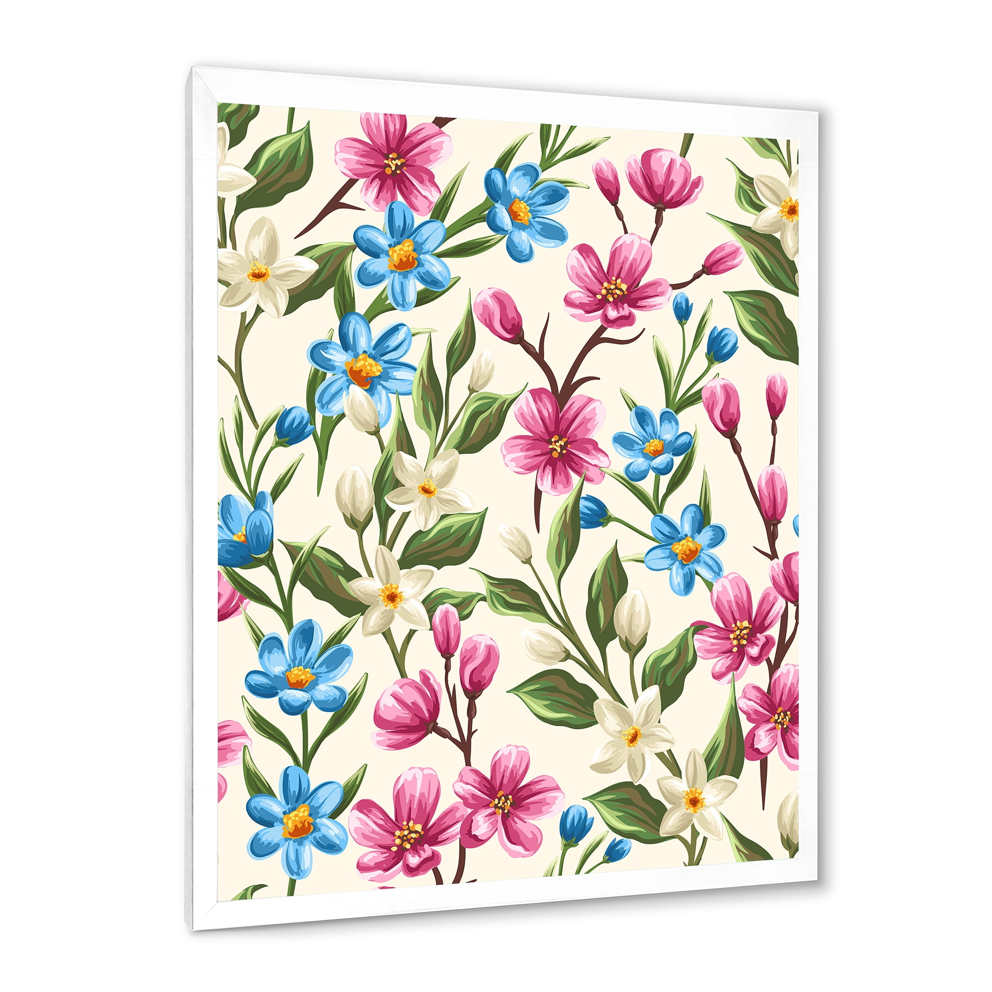 Designart 'Vintage Blue and Pink Wildflowers' Traditional Framed Art Print