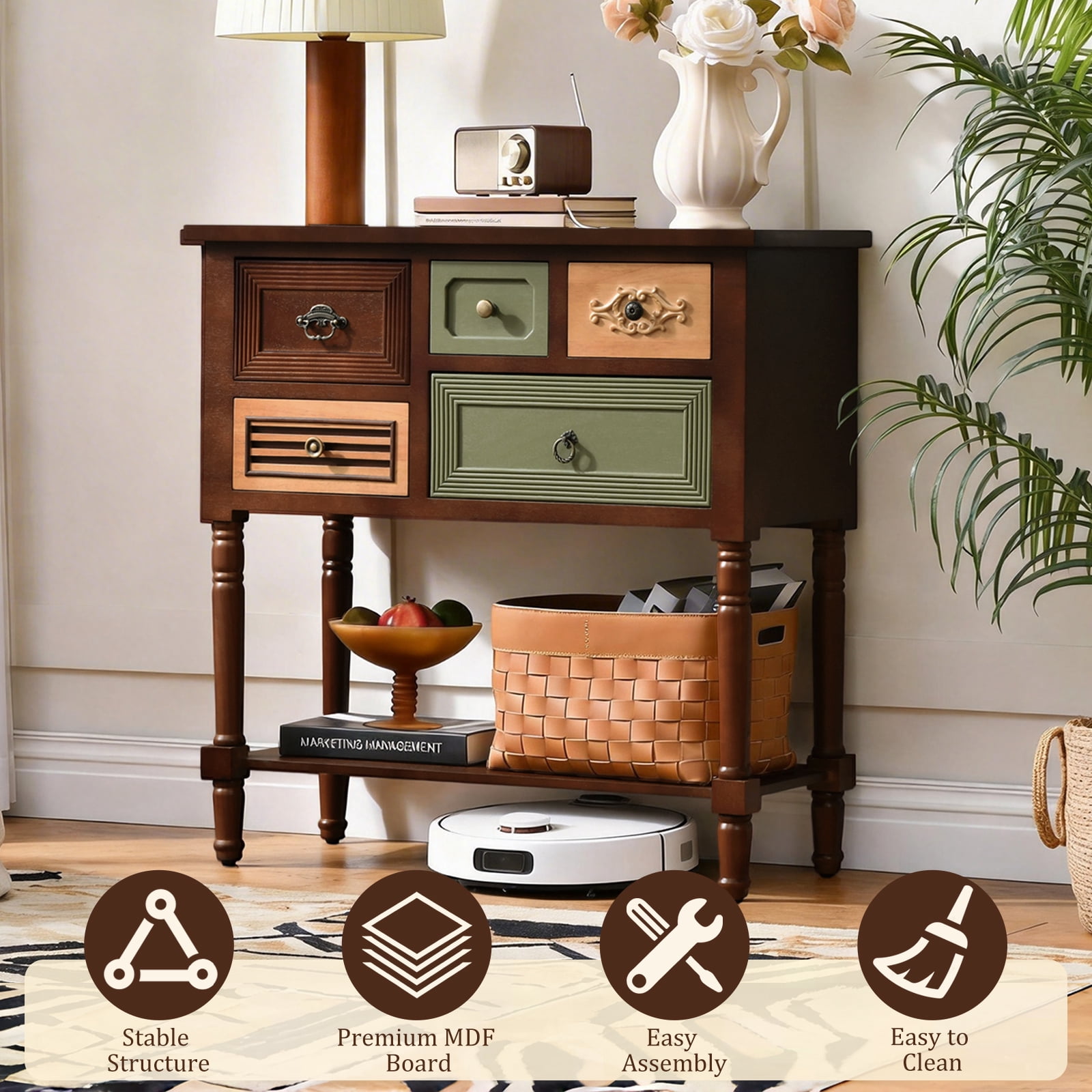 Ahokua Vintage Console Table with Multi-Design Drawers, Open Shelf, Decorative Storage for Entryway and Living Room