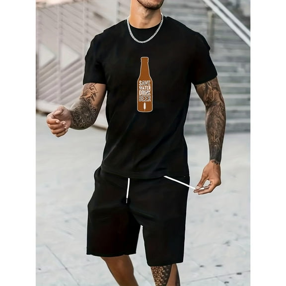 Men Beer Tee Black and White S-5XL Vintage Bottle Graphic Heavyweight Cotton Short Sleeve T-Shirt Top Casual Party