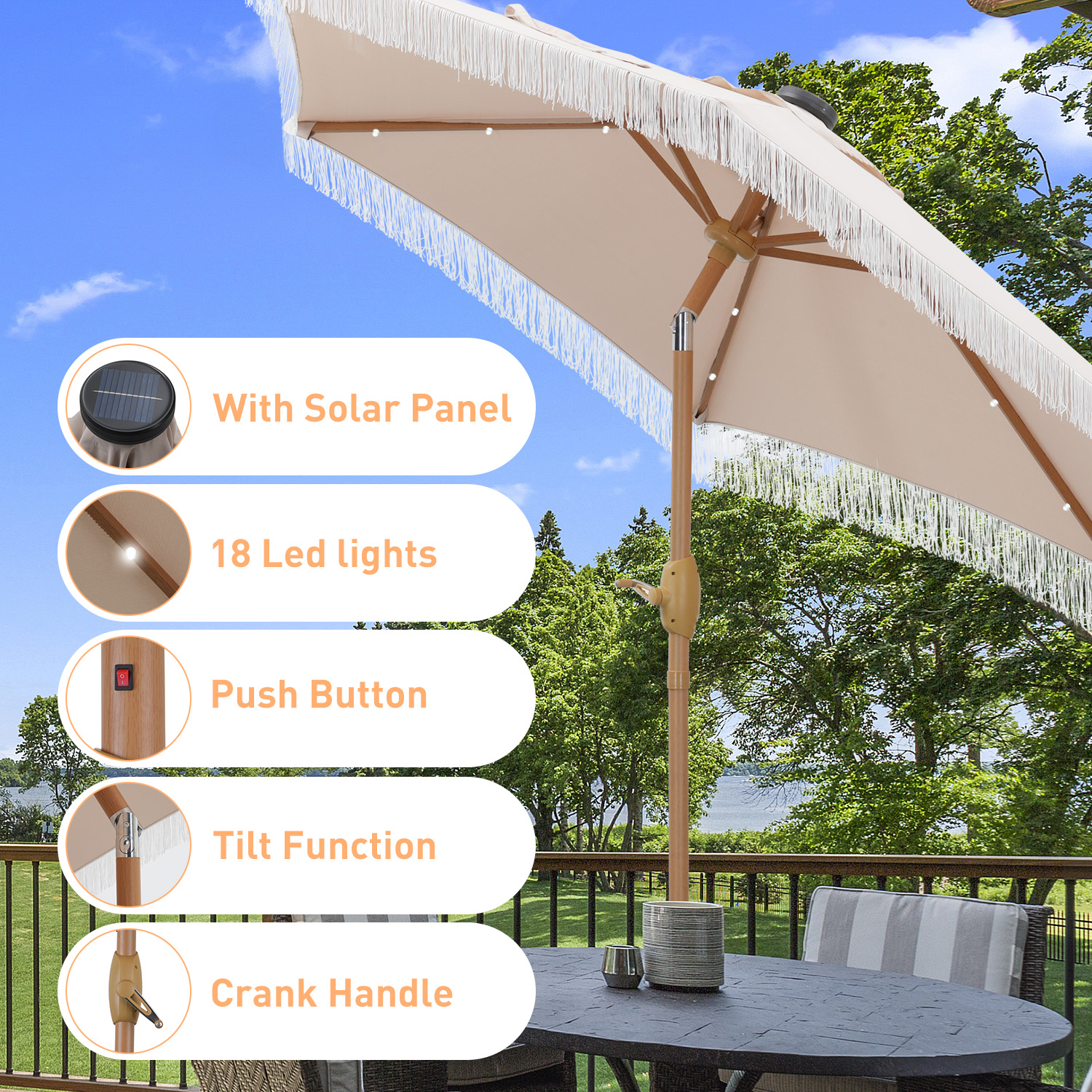 Autlaycil 7.5 ft Khaki Outdoor Solar LED Patio Umbrella with Tassels and Fringe