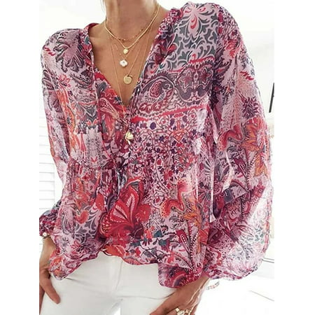 Women's Vintage Bohemian Printed V-neck Lantern Sleeve Shirt | Walmart ...