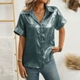 thumbnail image 2 of WREESH Women's Shiny Button Down Shirt Short Sleeve Lapel Collar Business Casual Beach Top, 2 of 7