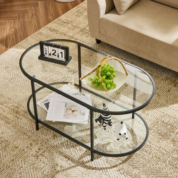 Ktaxon Rustic Coffee Table, Transparent Glass 2-Tier Oval Vintage Minimalist Design Center Table Rust Resistant Narrow Table for Living Room, Black