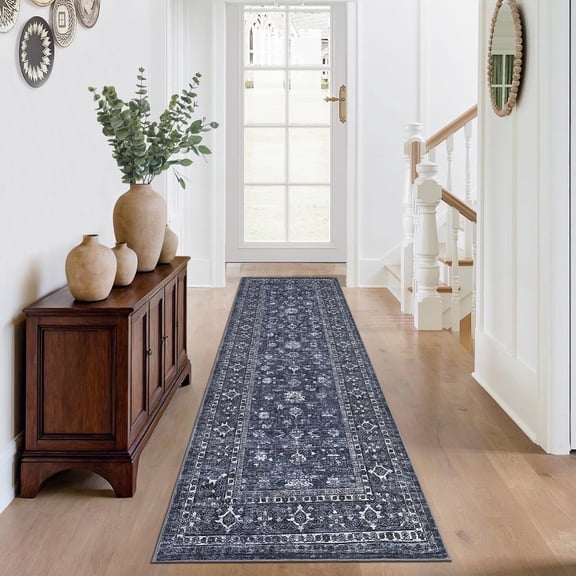 Memoryfield 2' x 6' Washable Runner Rug, Vintage Floral Non-Slip Soft Floor Carpet, for Living Room Bedroom Dining Room, Blue