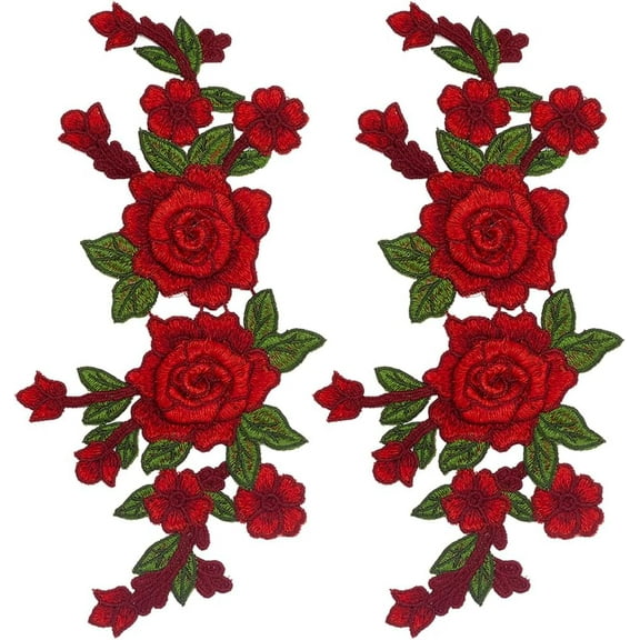 2Pcs Red Floral Embroidered Applique Rose Flower Sew on Patches Bouquet Boho Love Decorative Embroidery Sewing Patch Floral Pair Polyester Ornament for Collar Clothes Dress Backpacks Crafts