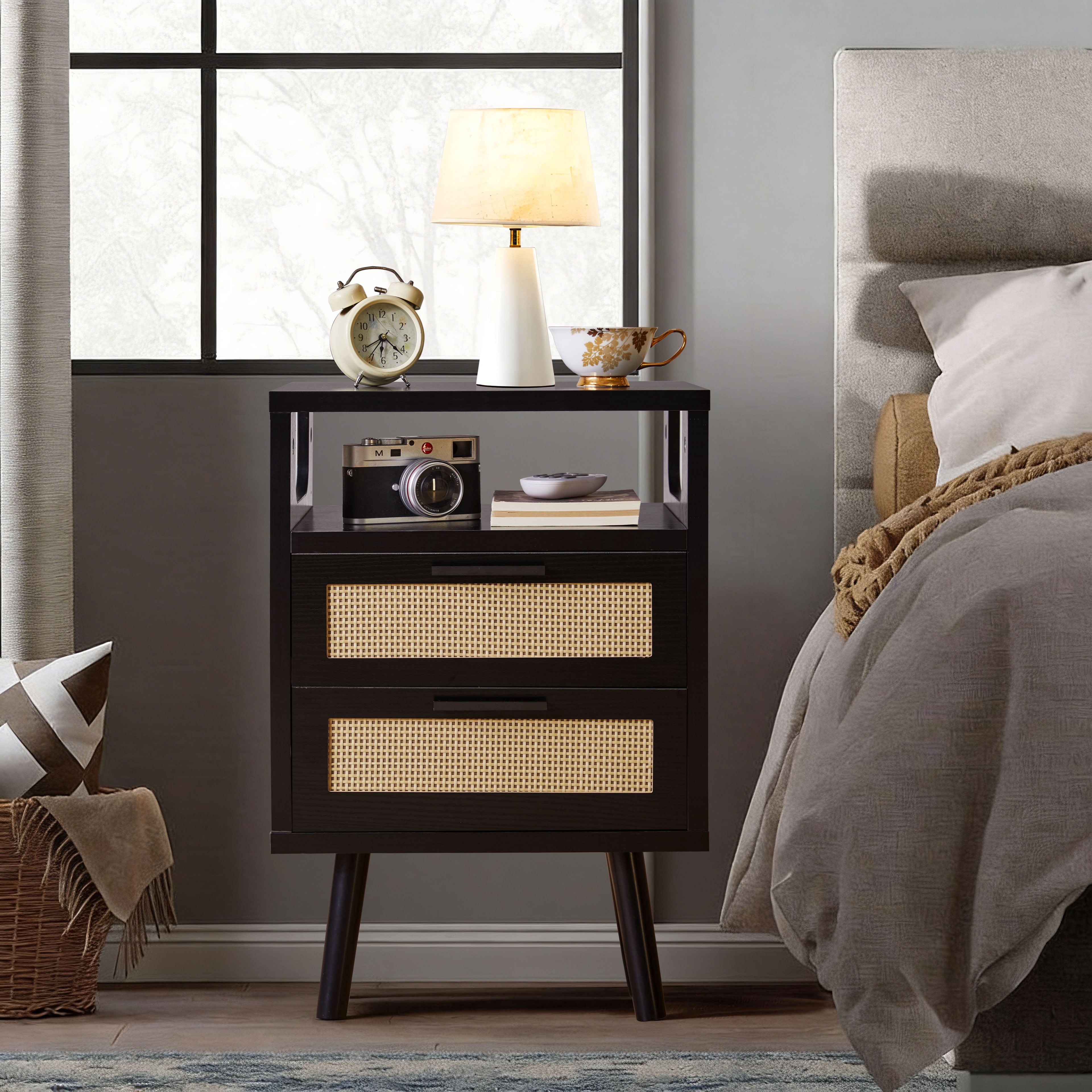 MAYEERTY Set of 2 Rattan End Tables with 2 Drawers and Open Shelf, Modern Wood Side Table with Tapered Legs, for Living Room Bedroom Small Spaces