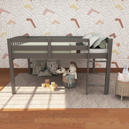 Low Loft Bed Full Size Low Loft Bed with Full-length Guardrail and Ladder Solid Wood Loft Bed Frame for Boys and Girls  Space Saving  No Box Spring Needed Grey