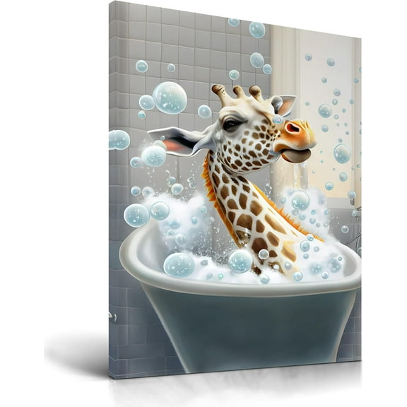 Aaheei Funny Bathroom Wall Art, Colorful Giraffe Wall Decor, Waterproof Canvas Wall Art Bathing Animals Abstract Prints,High-end Pictures for Bedroom Kids Room Dormitory 1 Pack