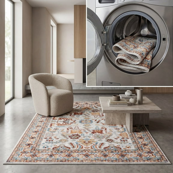 SAFAVIEH Bayside Randall Oriental Polyester Machine Washable Area Rug, Beige/Blue, 5'3" x 7'6"