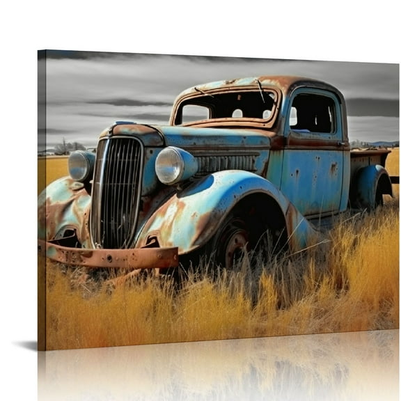 EastSmooth Rusty Car Canvas Wall Art: Old Blue Truck Artwork Rustic Automobile Picture Vintage Country Antique Painting Black and White Print for Living Room Bathroom Bedroom