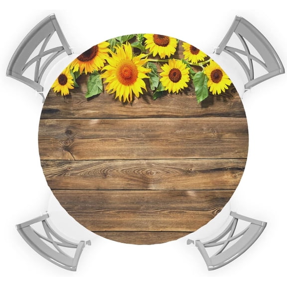 Round Table Cover 45-54 Inch, Waterproof Reusable Table Cloth Round Fitted Vinyl Tablecloth with Elastic Edged for Parties Outdoors, Vintage Yellow Sunflower on Shabby Wooden Board