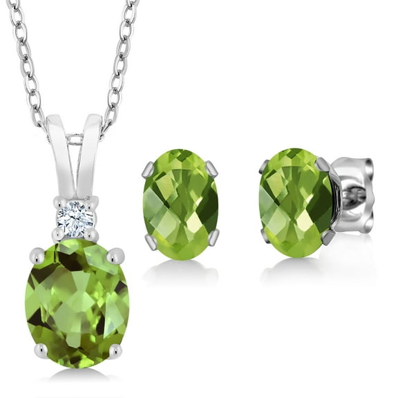 Gem Stone King 925 Sterling Silver Green Peridot Pendant and Earrings Jewelry Set for Women (2.98 Cttw, Oval Gemstone Birthstone, with 18 inch Silver Chain)