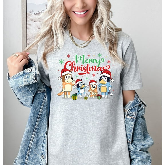 Moonlight Apparel Bluey Merry Christmas T-Shirt for Women & Men Holiday Graphic Tee with Cartoon Family Print Funny Xmas Top Gift for Adults Casual Short Sleeve Cotton Blend Shirt
