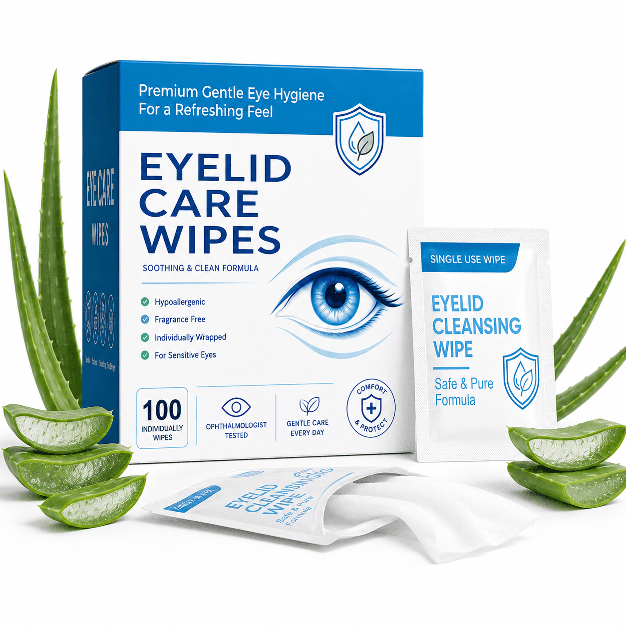 Kodiake Eyelid Cleansing Wipes 100 Count, Hypoallergenic Eye Makeup Remover and Daily Hygiene Pads for Sensitive Eyes, Fragrance Free