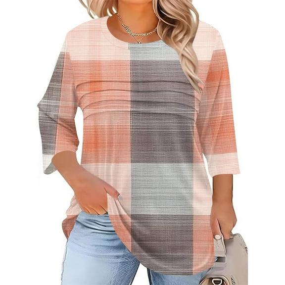 Hanen Plus Size Women Blouses 3/4 Length Sleeve Tops Crewneck Pleated Casual Tees Shirts
