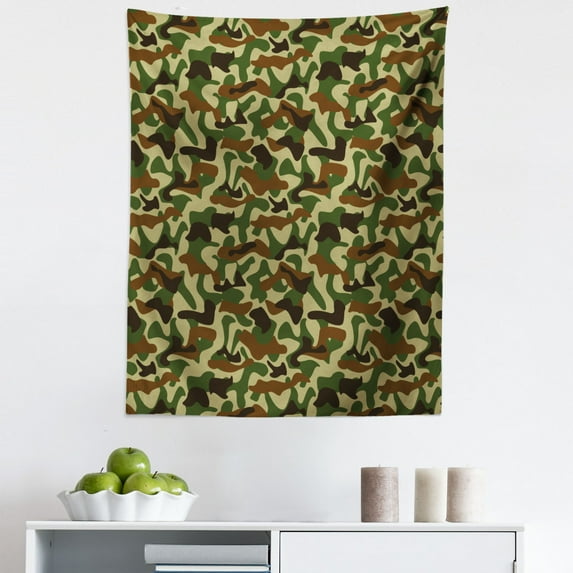 Camouflage Tapestry, Squad Uniform Design with Vivid Color Scheme Hunting Camouflage Pattern, Fabric Wall Hanging Decor for Bedroom Living Room Dorm, 5 Sizes, Green Brown Khaki, by Ambesonne