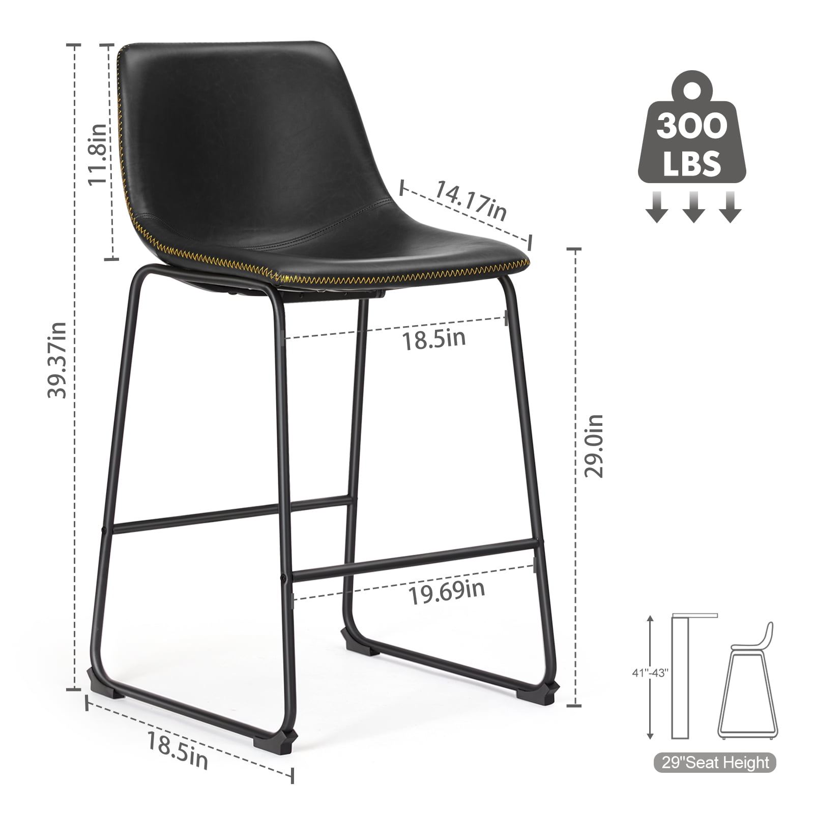 (2 pack) EDX Counter Height Bar Stools Set of 2 With Back and Footrest, Metal Frame, 30 inch, Black