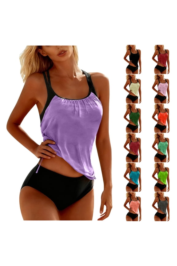 Womens Swimsuits Tankini Swimwear Two Piece High Waisted Modest Purple Bathing Suits for Ladies