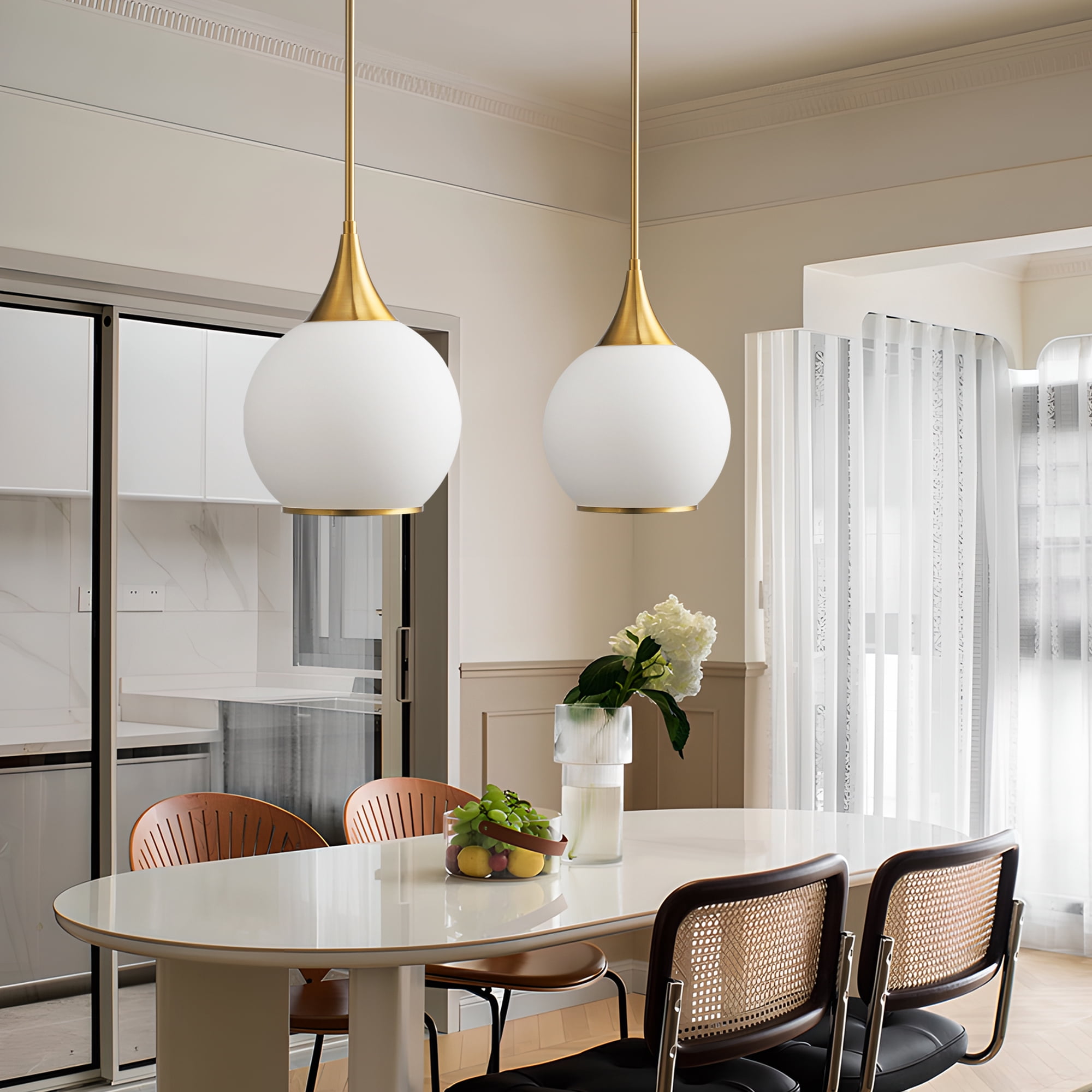 Modern Pendant Light Fixture Dimmable Kitchen Island Hanging Gold Ceiling Lights with White Glass lampshade