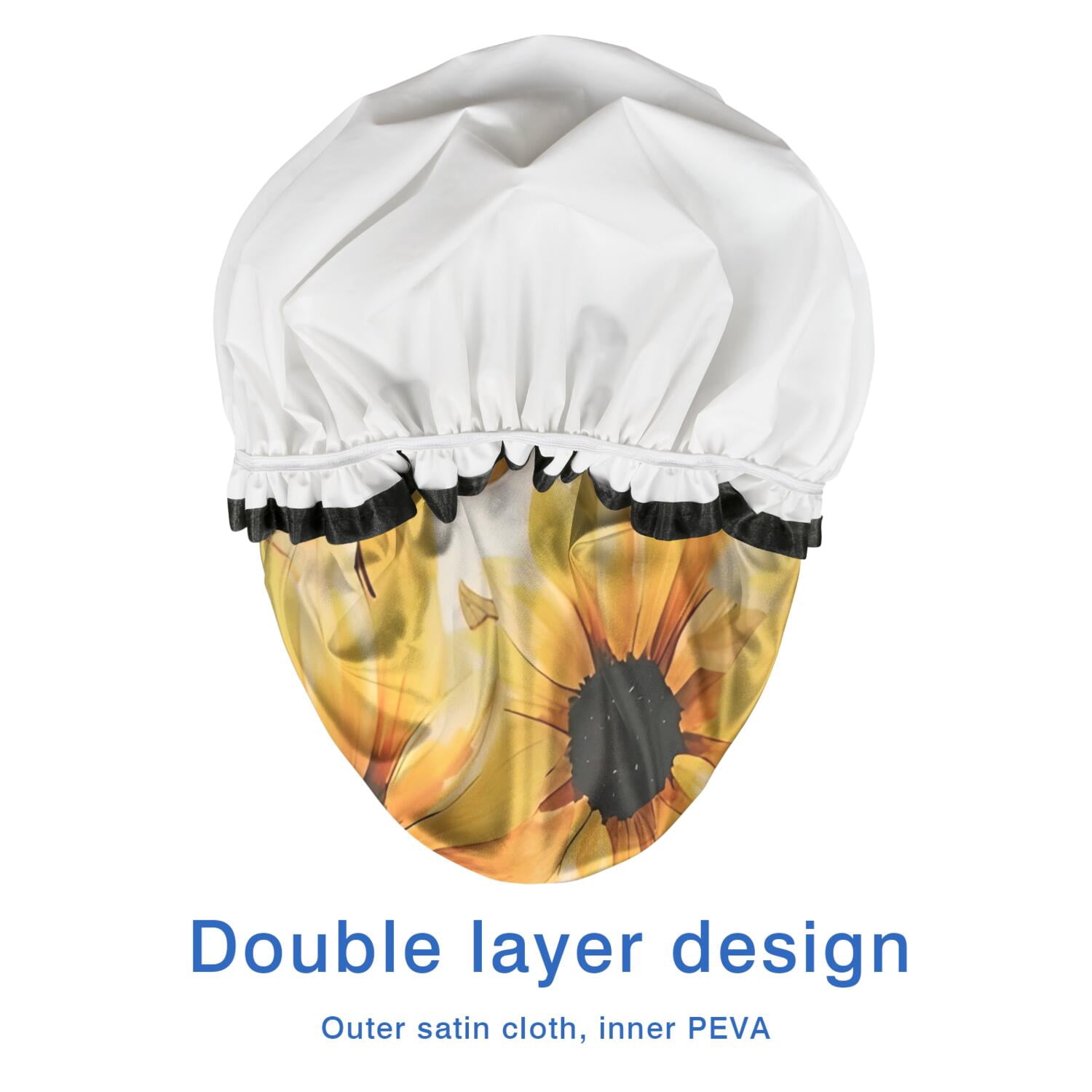 Shower Caps,White Sunflower Pattern Waterproof Shower Cap for Women 4 Pieces,Double Reusable Hair Cover for Shower PEVA Elastic Stretch Hem