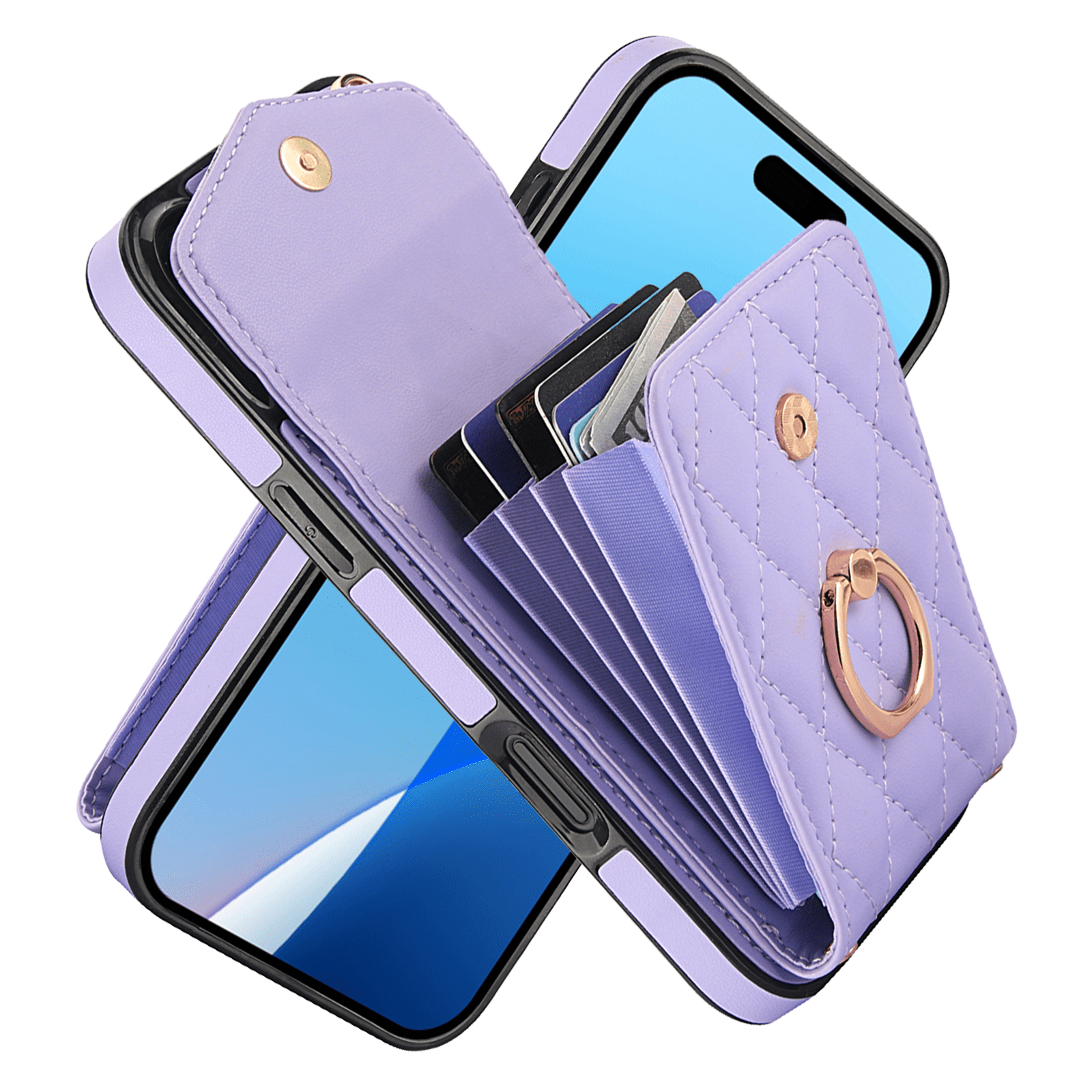 Asuwish Wallet RFID Blocking PU Leather Cell Phone Case with Tempered Glass Screen Protector, Wrist Strap for iPhone 16 Plus, Purple