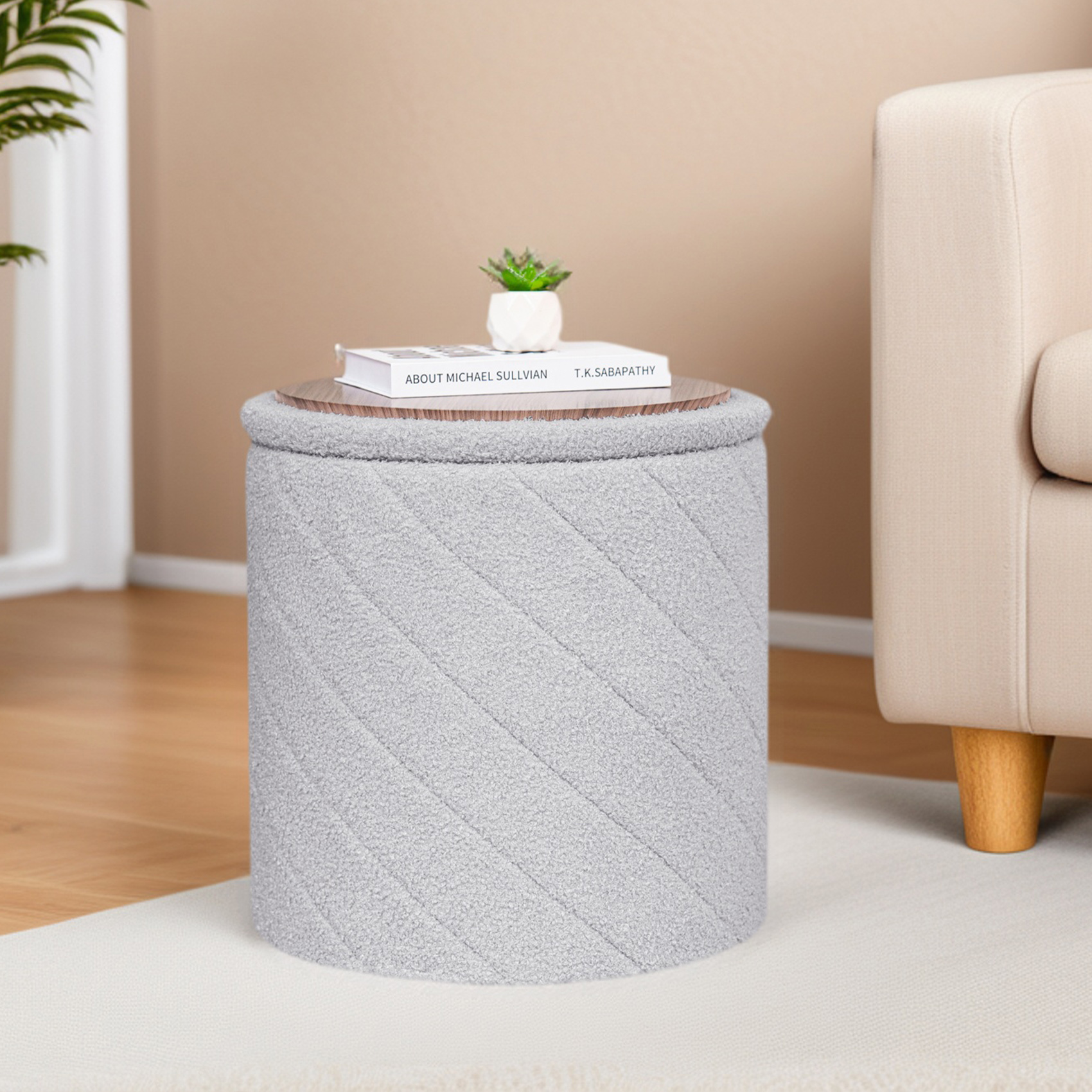 PINPLUS 16.9" Storage Ottoman with Tray Collapsible Foot Rest Stool Seat for Living Room Grey,Sherpa Fabric