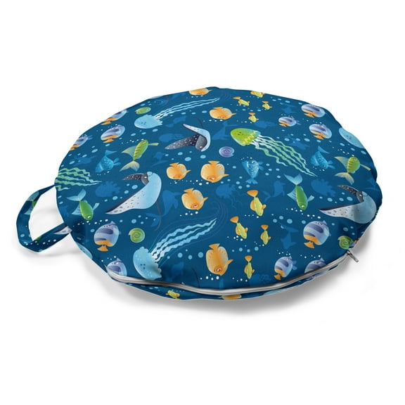 Under the Sea Round Floor Cushion with Handle, Fish Turtle and Other Swimming Nautical Creatures Bubbles, Decorative Pillow for Living Room & Dorms, 18" Round, Dark Sky Blue Multicolor, by Ambesonne