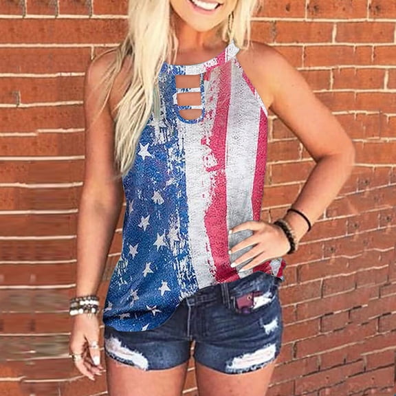 DailyTrove Women's American Flag Halter Sleeveless Tank - Casual V-Neck Top, Patriotic for 4th of July & Beach