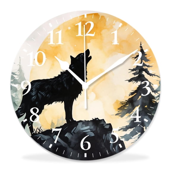 10 Inch Wall Clock Battery Operated Silent Clock Decorative for Office, Kitchen, Outdoor, Living RoomWolf Full Moon Blue Night Galaxy Starry Sky Style